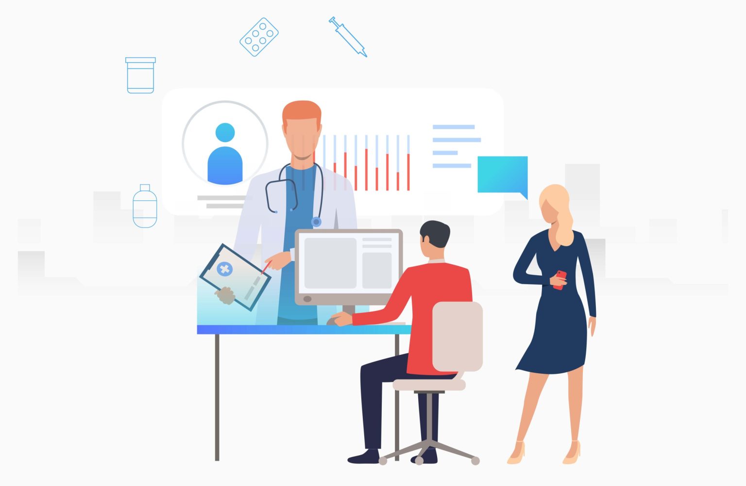 Man and woman accessing medical website vector illustration. Medical service, electronic medical card, healthcare app. Medical app concept. Creative design for layouts, web pages, banners